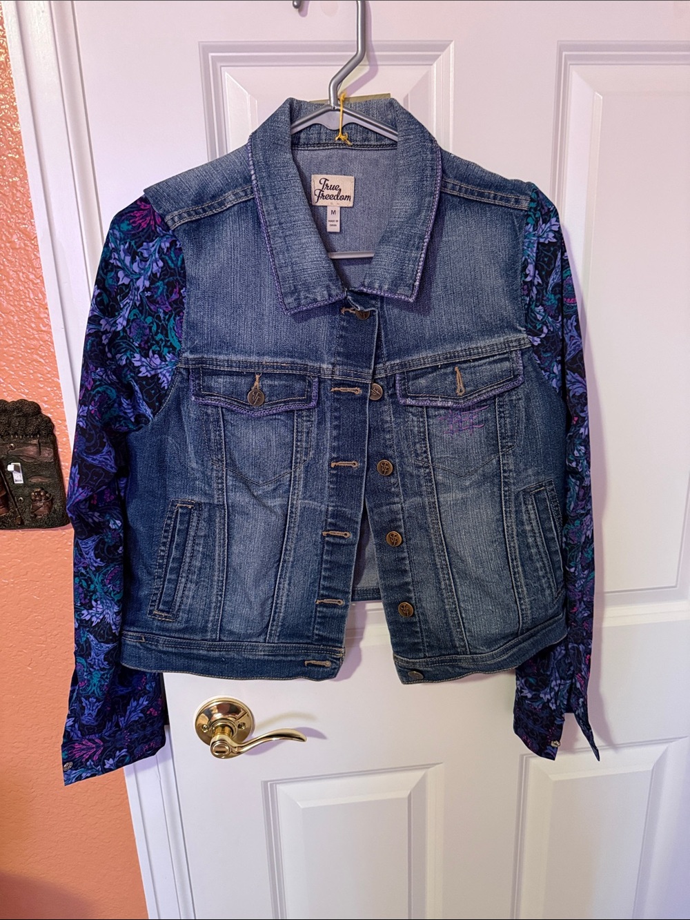 True Freedom Denim Jacket with Purple Floral Print Sleeves